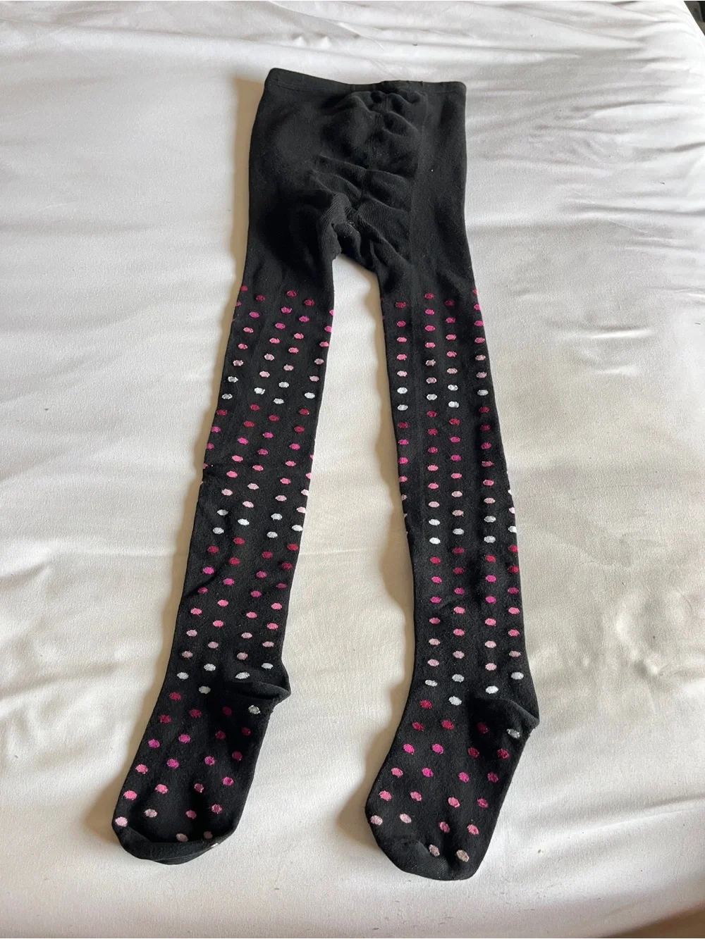 Black Pink Polka Dot Knit Tights Girls Size 12-14 Cotton Blend Stretch Stockings